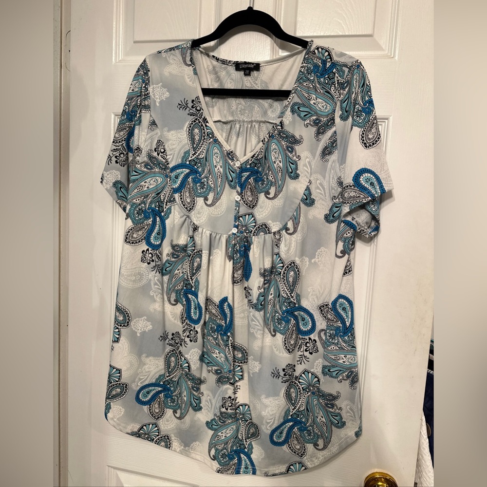 U. Vomade 2XL Womens Short Sleeve V-Neck Boho T-Shirt  Blue Paisley Flowy Flare
